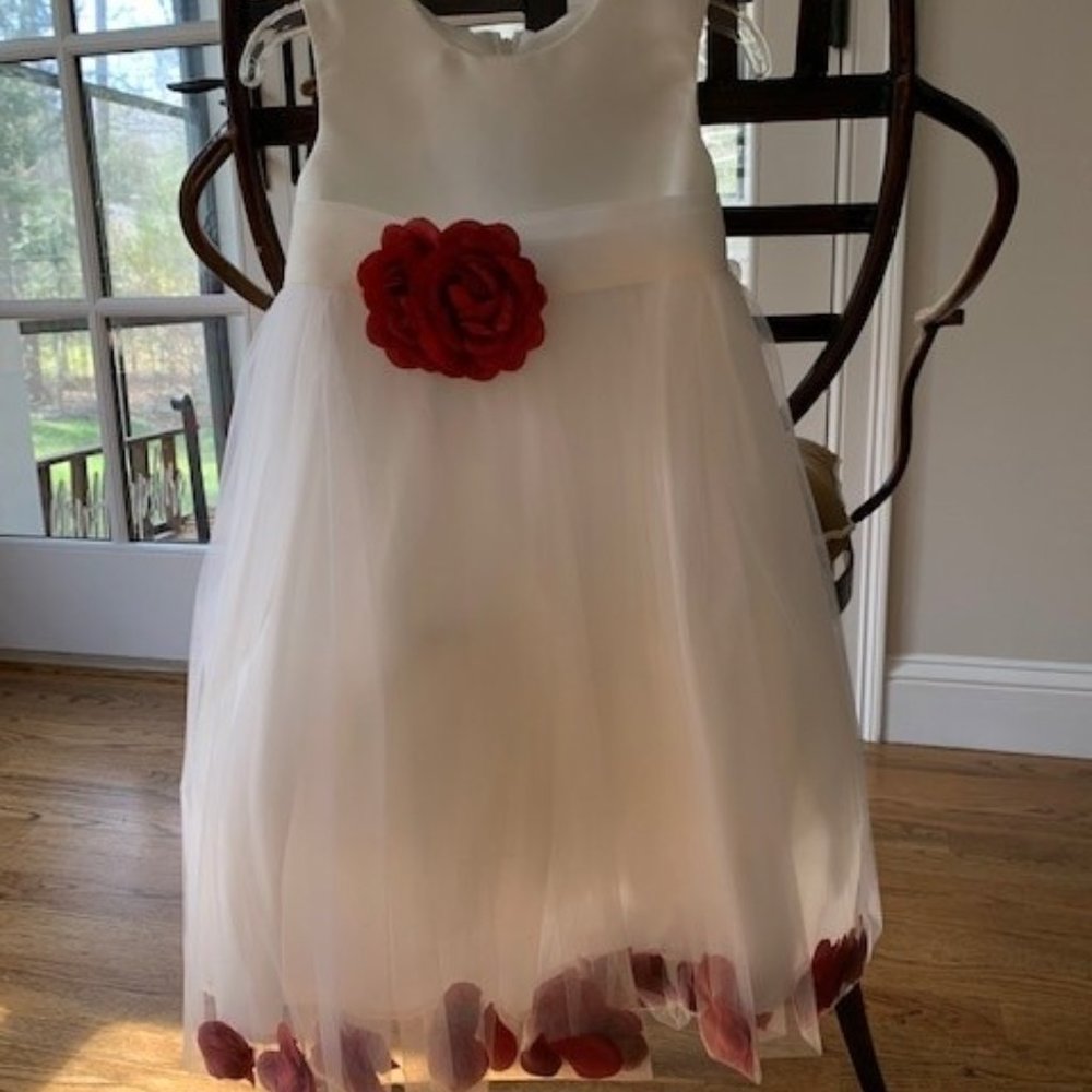White Tulle Flower Girl Dress with Bow Sash & Red Rose Petals - Precious! 3T